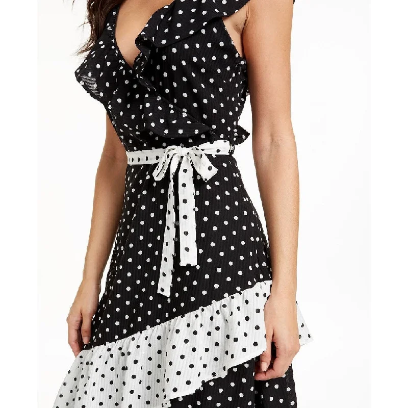 Casual Street Q & A Women's Dot-Print Faux-Wrap Maxi Dress Black Size Small