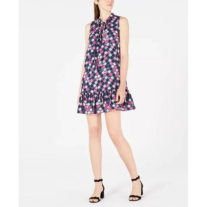 Windbreaker fashion Maison Jules Women's Printed Ruffle Tie-Neck Dress Navy Size Medium