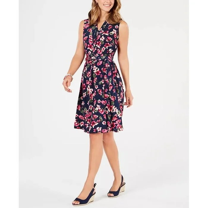 Minimalism Charter Club Women's Belted Floral-Print A-Line Dress Blue Size 16
