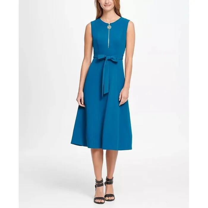 Short Design DKNY Women's Logo Zip Belted Fit Flare Dress Green Size 8