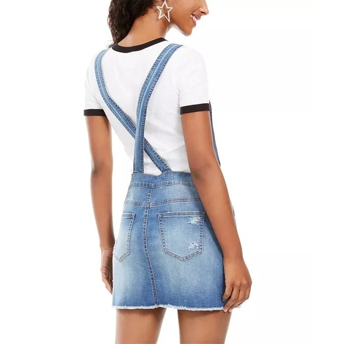 Sweet Style Vanilla Star Juniors' Frayed-Hem Overalls Dress Blue Size 15