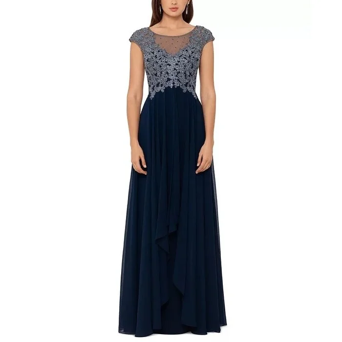High-end Design XSCAPE Women's Embroidered Top Chiffon Gown Blue Size 12