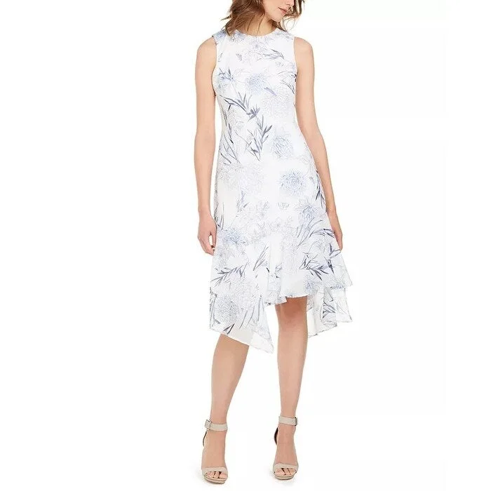 High Street Design Calvin Klein Women's Floral-Print A-Line Dress Dark Blue Size 2
