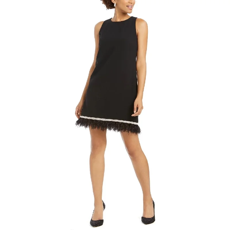 Classic Color MSK Women's Embellished Feather Trim Shift Dress Black Size Large