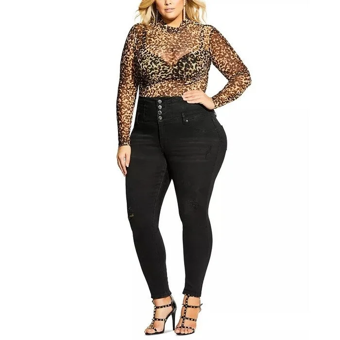 Celebrity Style City Chic Women's Trendy Animal Print Mesh Bodysuit Black Size 20W