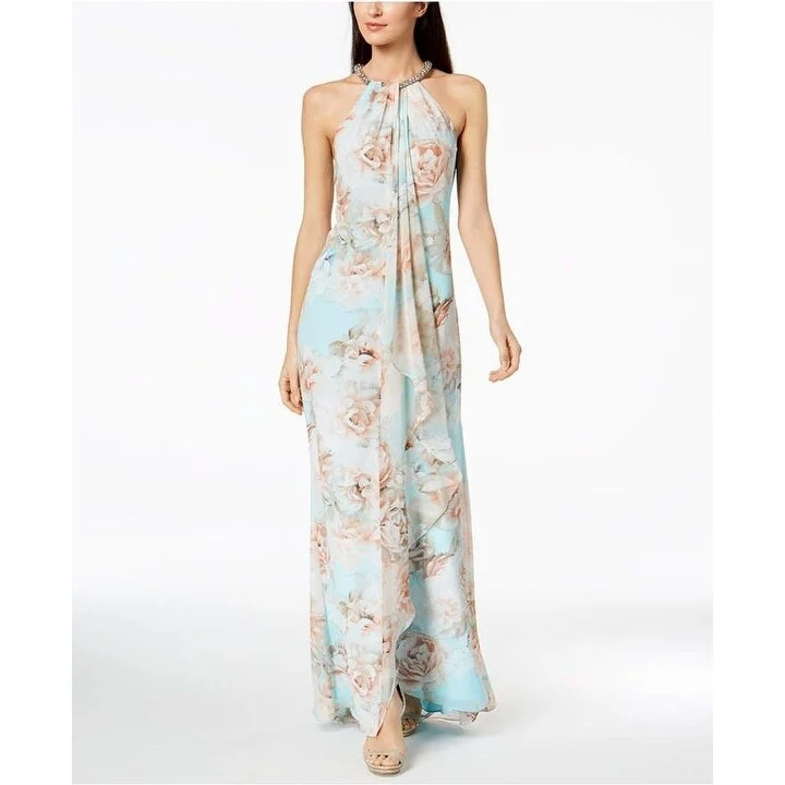 Youthful Style Calvin Klein Women's Floral Draped Halter Gown Green Size 2