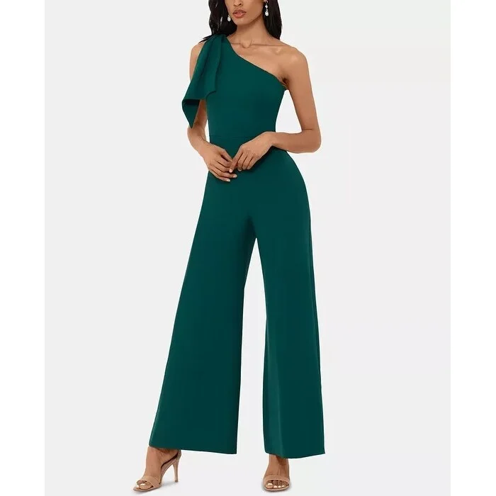 Elegant And Simple Betsy & Adam Women's One Shoulder Bow Jumpsuit Green Size 12