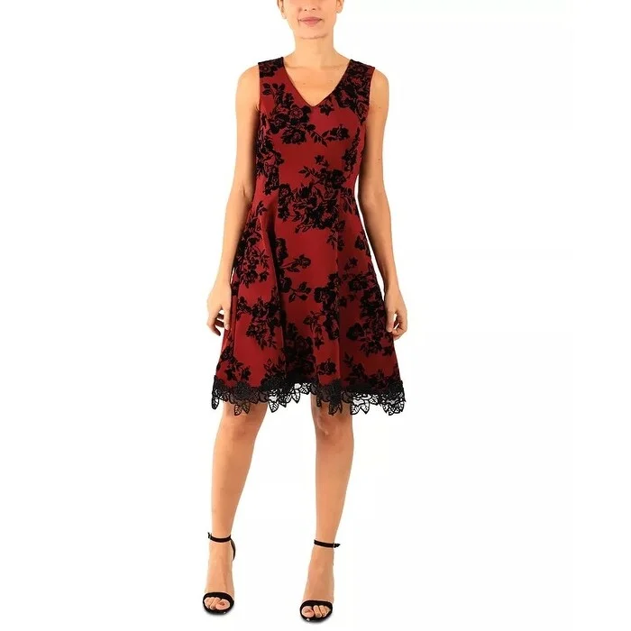 Celebrity Picks Donna Ricco Women's Floral Flocked Scuba Crepe Dress Red Size 8