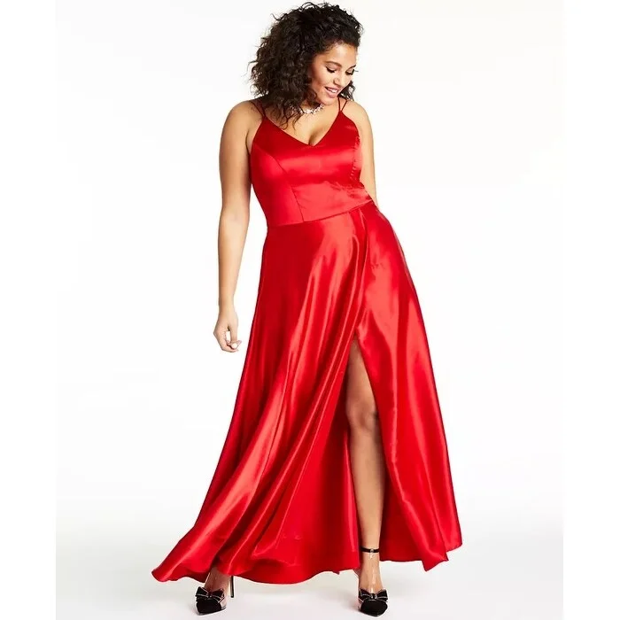 Embroidery Design Sequin Hearts Women's Trendy Plus Slit Satin Gown Red Size 18