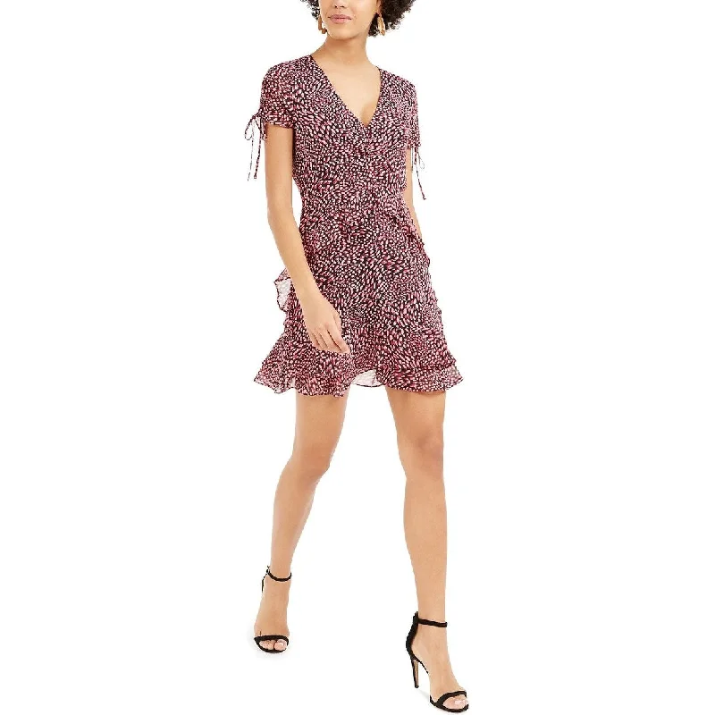 Short Design Bar III Women's Printed Ruffled Mini Dress Dark Red Size 10