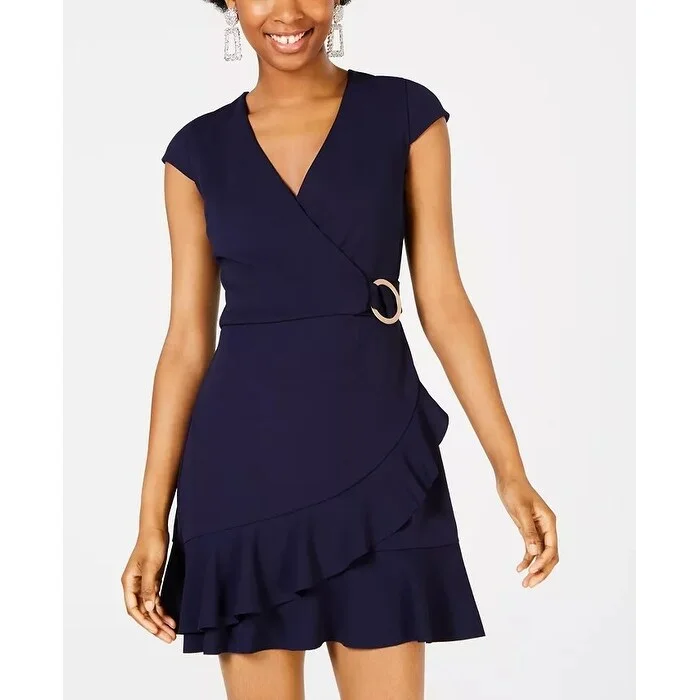 Romantic Temperament Speechless Junior's Ruffle Faux Wrap Dress Dark Blue Size Small