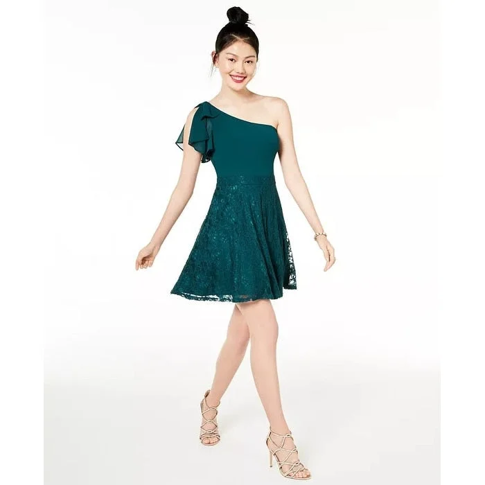 Elegant Design City Studios Juniors' Lace & Chiffon One-Shoulder Dress Green Size 11 Elegant Design City Studios Juniors' Lace & Chiffon One-Shoulder Dress Green Size 11