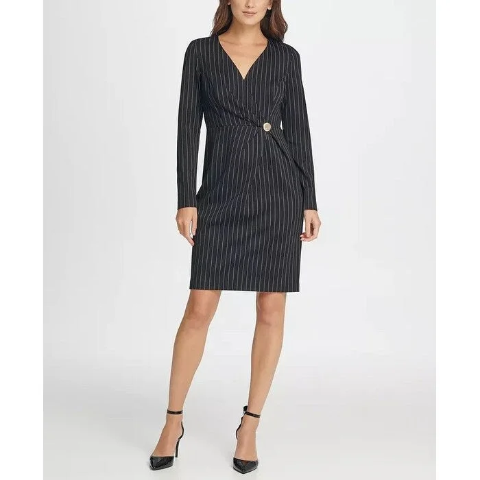 Classic DKNY Women's V Neck Pinstripe Gold Button Coat Dress Grey Size 2