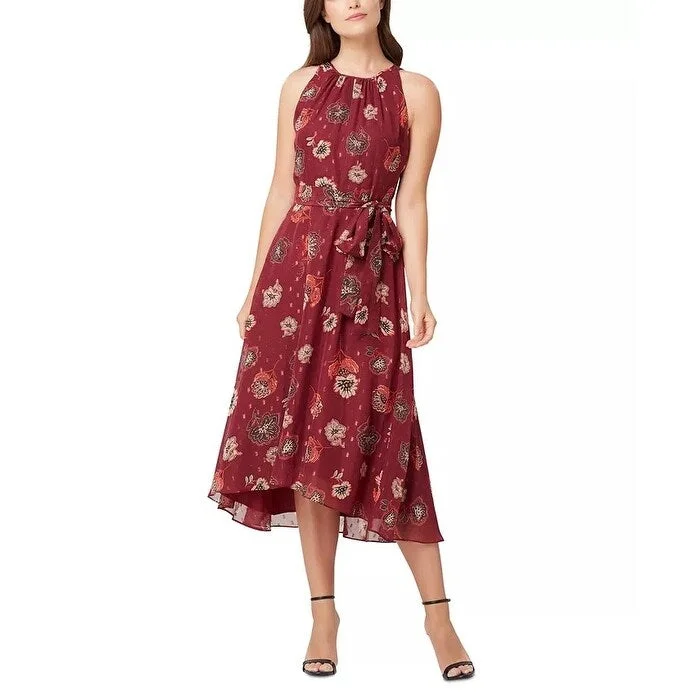 Carefree Tahari ASL Women's Metallic Chiffon Belted Midi Dress Red Size 10