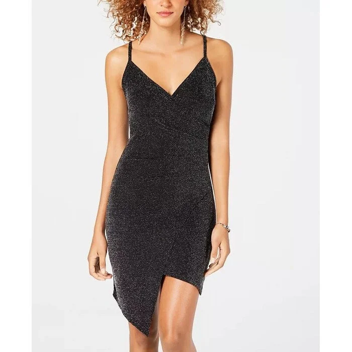 Loose Fit Almost Famous Juniors' Asymmetrical Faux-Wrap Dress Black Size Medium