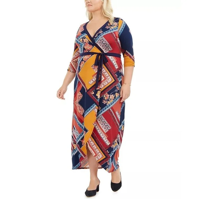 Simple Matching Love Squared Women's Plus Size Printed Faux-Wrap Dress Dark Blue Size 3X Simple Matching Love Squared Women's Plus Size Printed Faux-Wrap Dress Dark Blue Size 3X