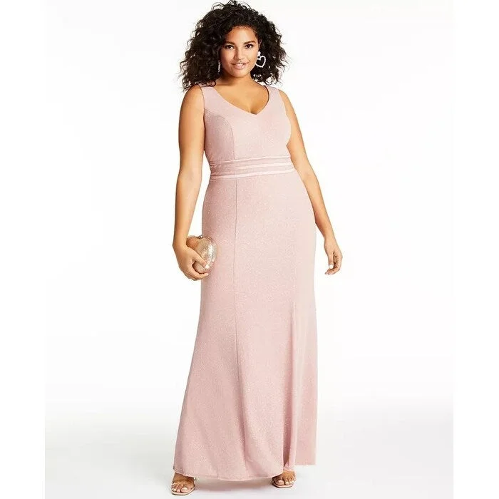 Fashion Expert City Studios Women's Trendy Plus Allover Glitter V Neck Gown Pink Size 18W