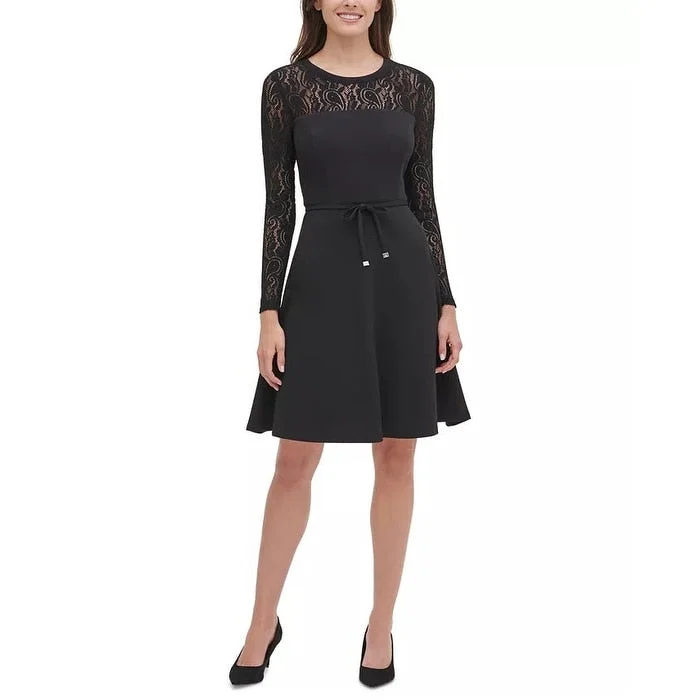 Retro Fashion Tommy Hilfiger Women's Lace Sleeve Fit & Flare Dress Black Size 12