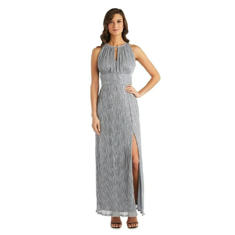 Lively And Youthful R & M Richards Women's Metallic Knit Keyhole Halter Gown Silver Size 8 Lively And Youthful R & M Richards Women's Metallic Knit Keyhole Halter Gown Silver Size 8