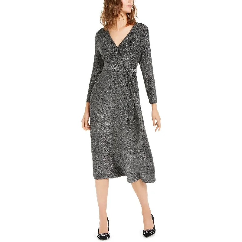 French Retro Alfani Women's Belted Metallic Wrap Midi Dress Gray Size Small