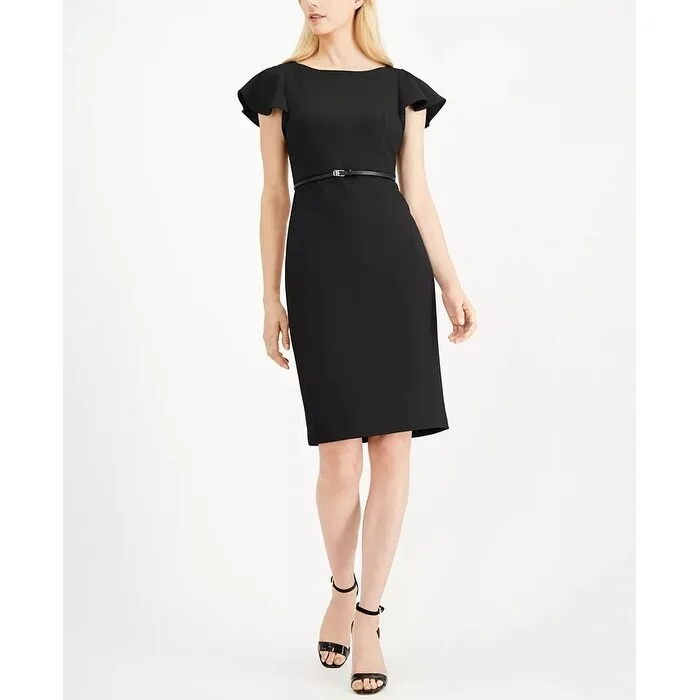 Minimal Classic Calvin Klein Women's Belted Ruffle Sleeve Sheath Dress Black Size 14 Minimal Classic Calvin Klein Women's Belted Ruffle Sleeve Sheath Dress Black Size 14