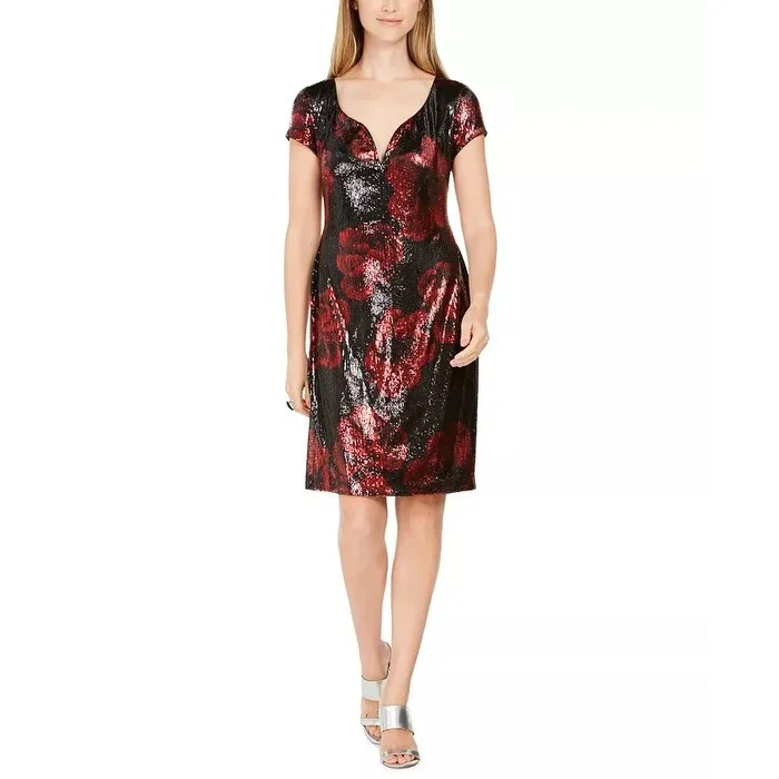 Classic Series Connected Women's Sequined Floral Print Dress Red Size 8