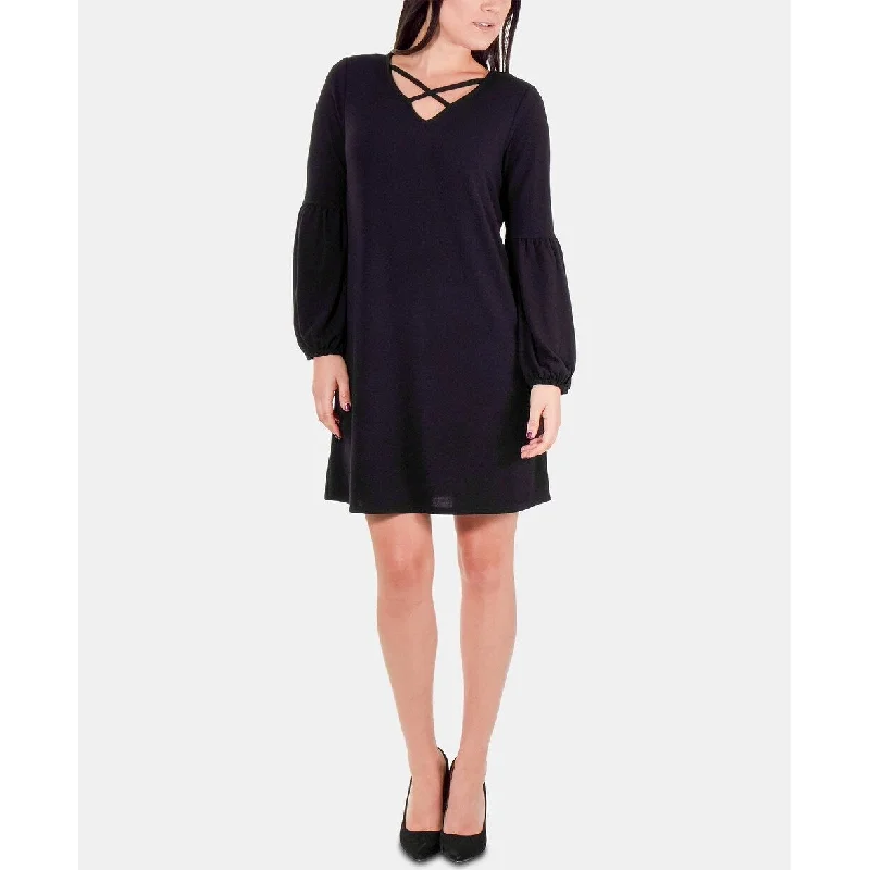 Slightly Flared Design NY Collection Women's Petite Lattice-Neck Dress Black Size Medium