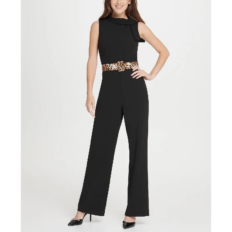 British Style DKNY Women's Tie Neck Leopard Belt Jumpsuit Black Size 14