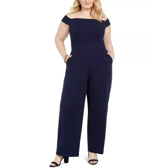 Thin Design Teeze Me Women's Trendy Plus Off The Shoulder Jumpsuit Navy Size 16