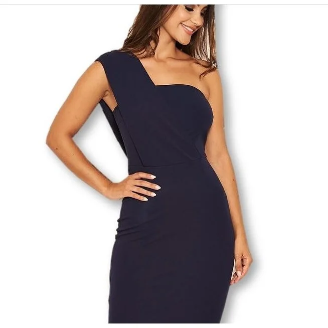 Minimal Style AX Paris Women's One Shoulder Wrap Midi Dress Navy Size 15