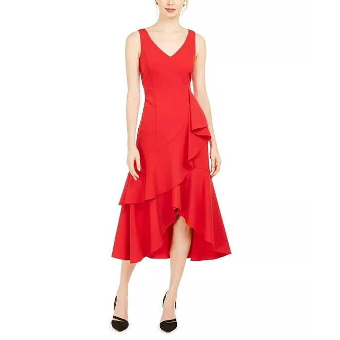 Dynamic Fashion Taylor Women's Dresses Crepe Tiered High Low Midi Dress Red Size 8