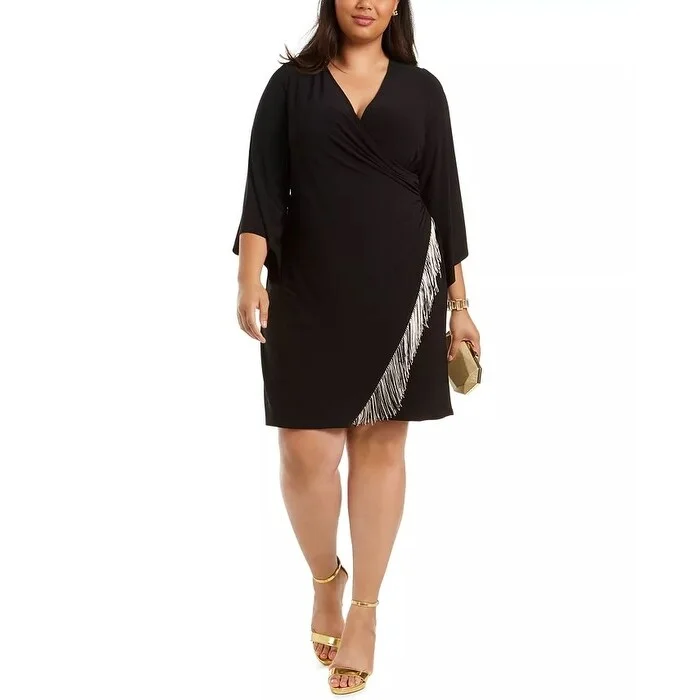 Luxury Temperament MSK Women's Plus Size Fringe-Trim Surplice Dress Black Size 2X