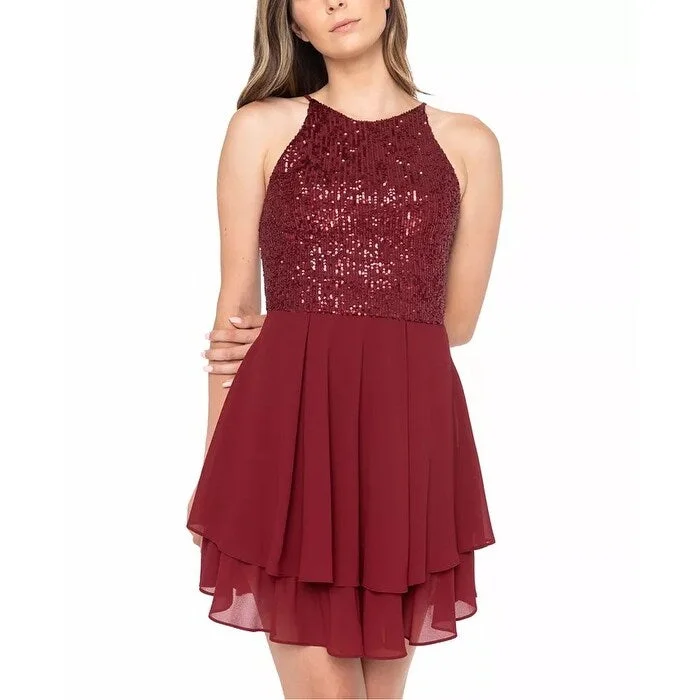 College Style B Darlin Junior's Sequinned Halter A Line Dress Red Size 9