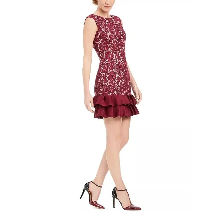 Double-sided Wear Donna Ricco Women's Ruffle-Hem Lace Sheath Dress Red Size Small