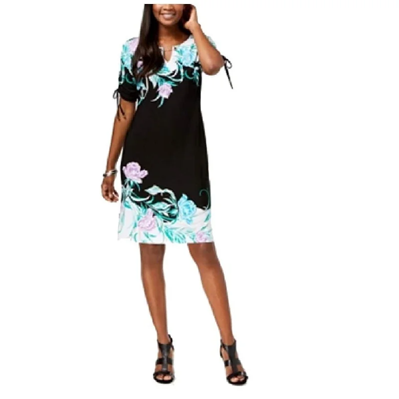 Luxury Style JM Collection Women's Printed Ruched-Sleeve Dress Black Size Large