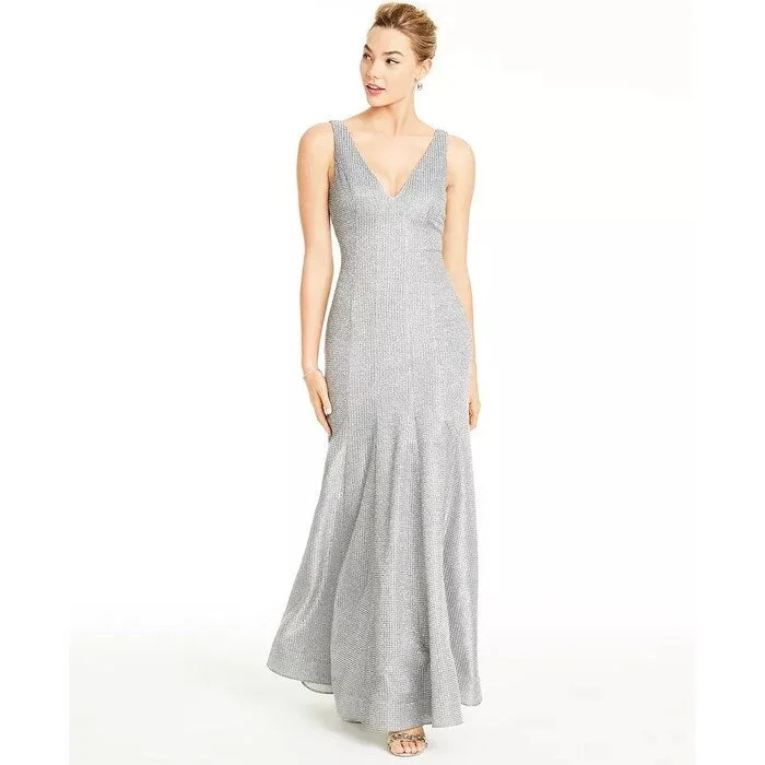 Personal Design Sequin Hearts Women's Glitter Trumpet Gown Metallic Silver Size 7