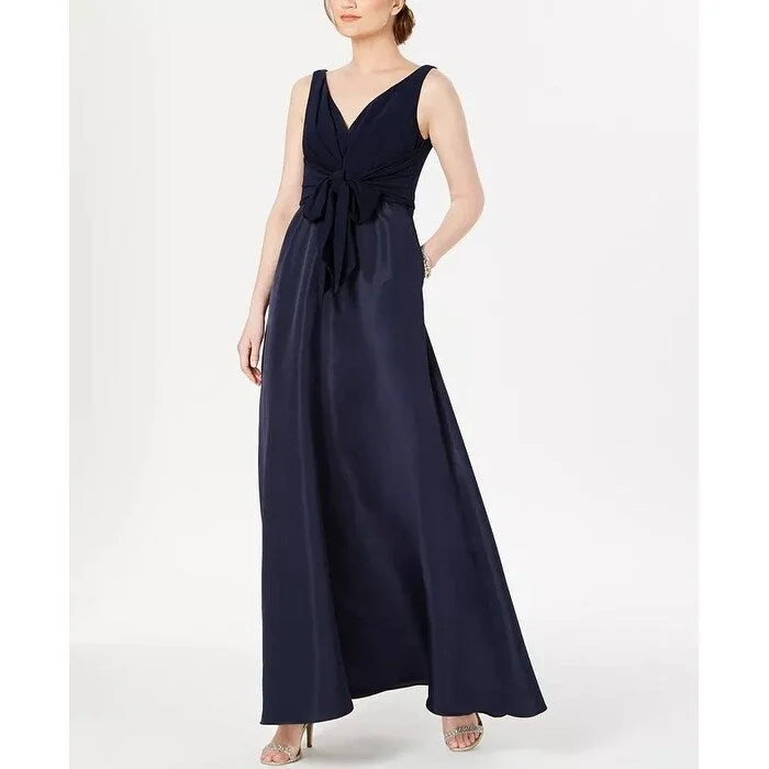 Carefree Adrianna Papell Women's V-Neck Tie-Waist Gown Navy Size 4