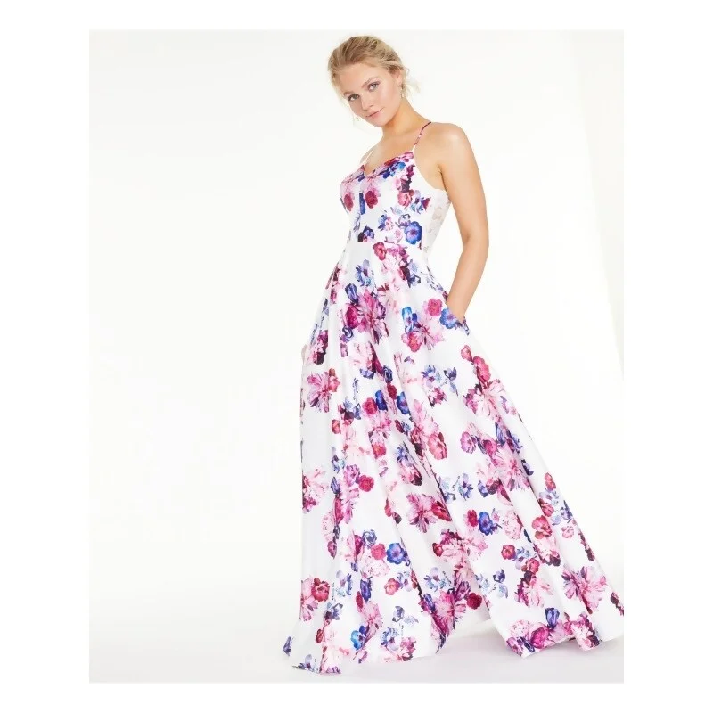 Lazy Home City Studios Juniors' Floral-Print Lace-Back Gown White Size 11