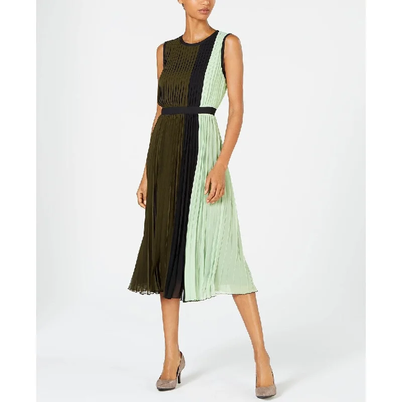 Girl Style Alfani Women's Colorblocked Pleated Sleeveless Dress Dark Green Size 18