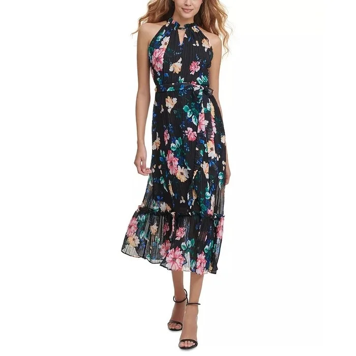 Letter embroidery Kensie Women's Ruffled Halter Midi Dress Charcoal Size 8