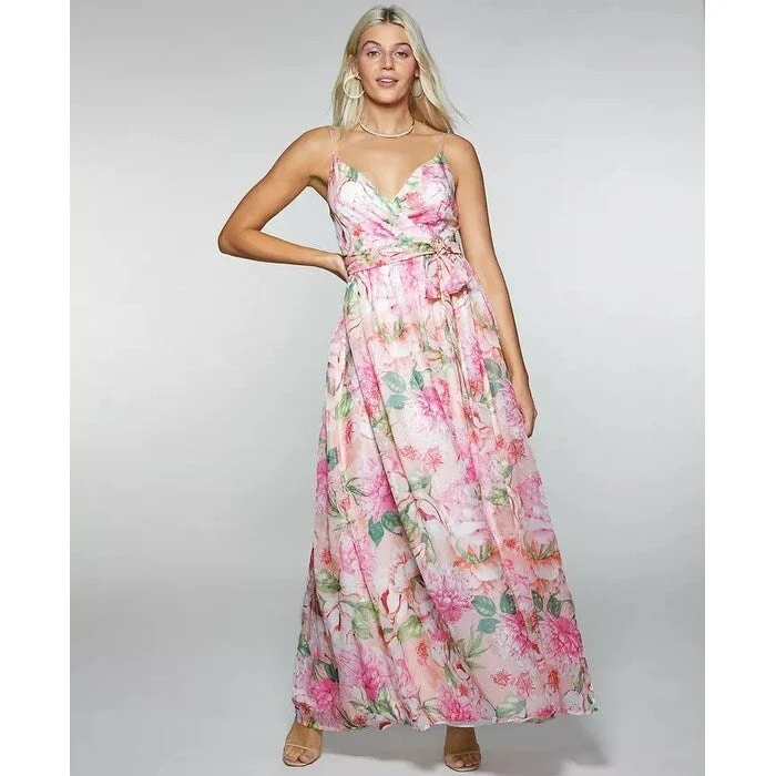 Cool Breeze At Night Trixxi Junior's Floral Print Belted Crossover Gown White Size 9