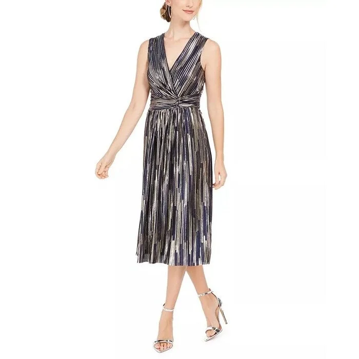 Free And Casual Vince Camuto Women's Metallic Pleat Sleeveless Dress Blue Size 14