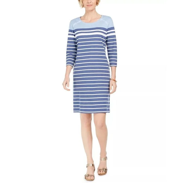 Fashion And Simplicity Karen Scott Women's Sport Striped Grommet-Shoulder Shift Dress Blue Size Medium Fashion And Simplicity Karen Scott Women's Sport Striped Grommet-Shoulder Shift Dress Blue Size Medium