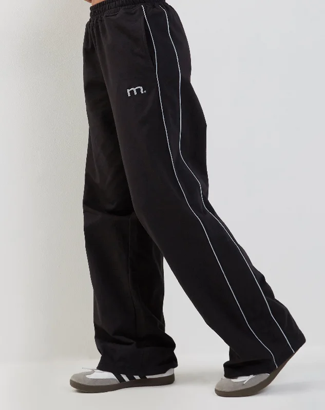 Exquisite Details Benton Wide Leg Jogger in Black with Dark Grey Piping and 'M' Embroidery