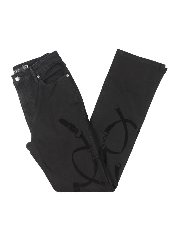 Simple Design Womens High Rise Flocked Print Bootcut Jeans