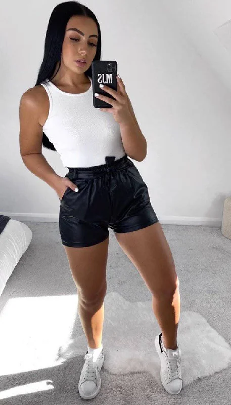Knitted Design Faux Leather Paper Bag Tied Shorts In Black
