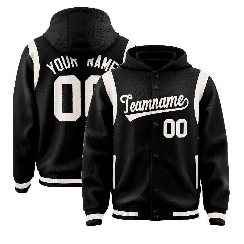 Simple Design Custom Black Cream Varsity Full-Snap Letterman Shoulder Color Block Jacket Hoodie