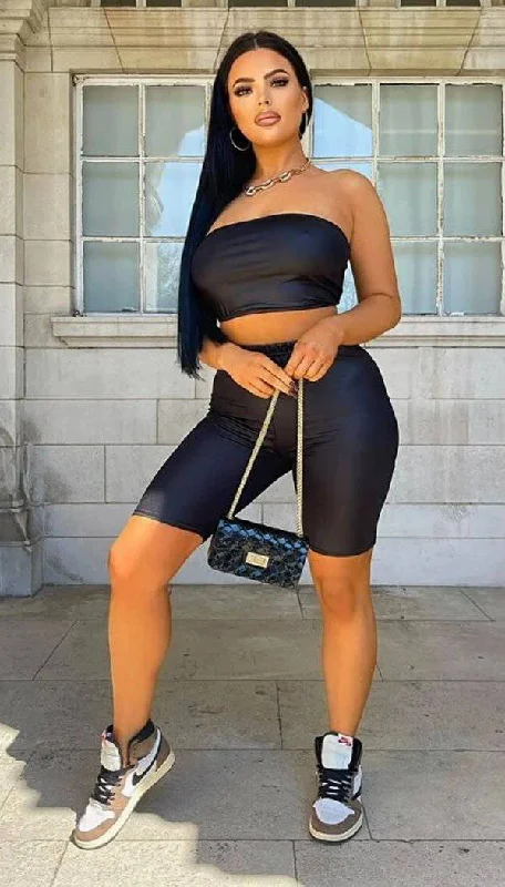 Elegant And Lazy Black Wet Look Basic Cycling Shorts