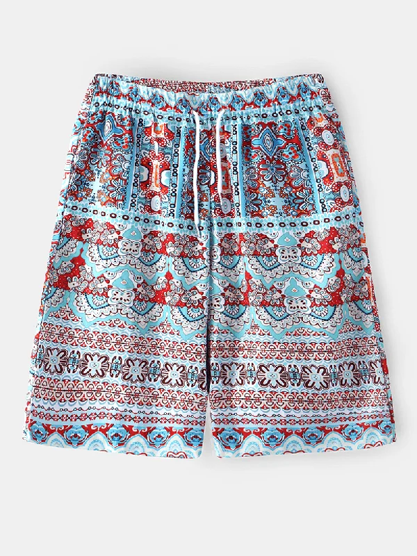 Street Fashion Mens Ethnic Style Print Drawstring Holiday Casual Shorts with Pocket