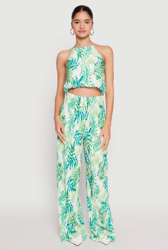 Stylish Ease Almost Famous Plisse Tropical Print Palazzo Pants